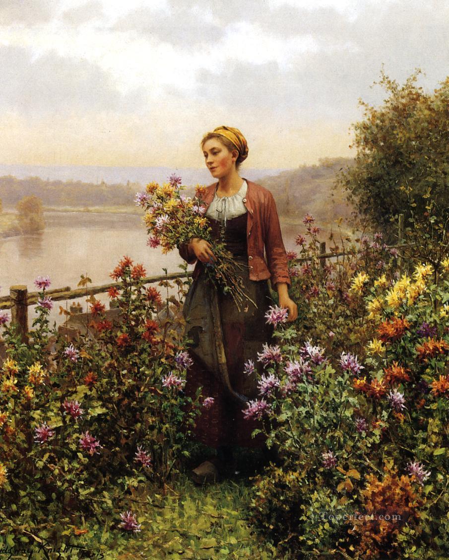 Woman in a Garden countrywoman Daniel Ridgway Knight Flowers Oil Paintings